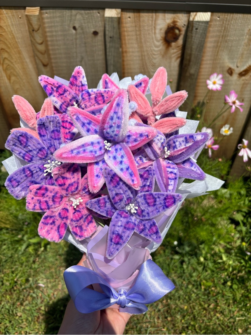 Handmade Pink and Purple Wrapped Floral Bouquet - Picture 3 of 3